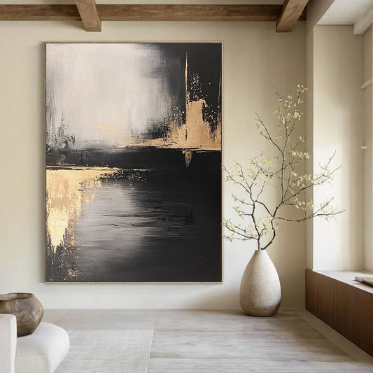 Contemporary abstract art featuring a monochromatic palette of black and gold with textured brush strokes and subtle contrasts of light and shadow. DLZ0296