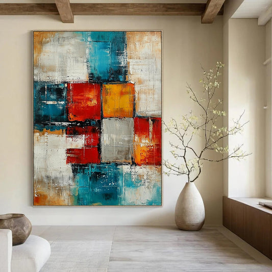 Contemporary abstract artwork featuring textured blocks and squares in teal, reds, oranges, gray, cream, and beige for a vibrant atmosphere. DLZ0478