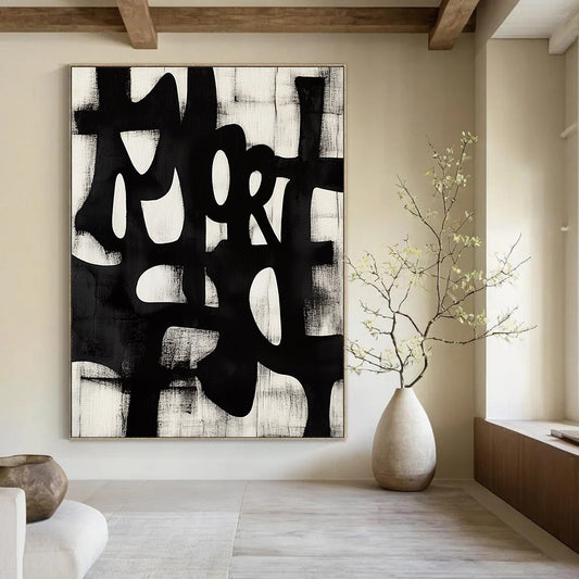 Large contemporary abstract art features bold brush strokes of "MORE" in dynamic Chinese calligraphy style set against a unique geometric background. DLZ1145