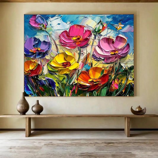 “Textured Colorful Poppy Field” - Pink, Purple, Yellow, Orange, Textured Poppy Blooms - Impasto Acrylic Painting HB1641