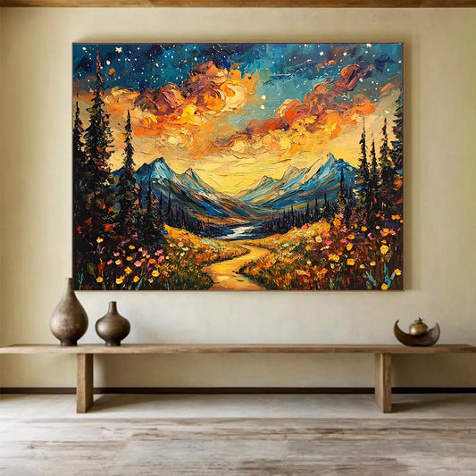 “Starry Mountain Path” - Vivid sunset clouds, colorful wildflowers, Impasto Landscape Painting On Canvas HB0567