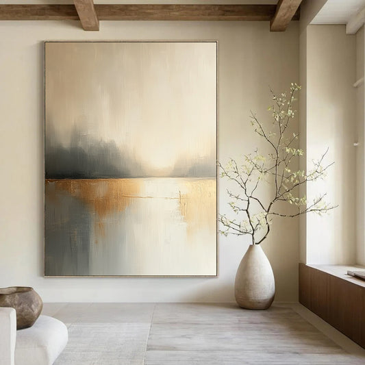 Contemporary hand-painted abstract artwork features neutral tones of beige and white with hints of gold soft edges and a dreamy blurred effect. DLZ0875