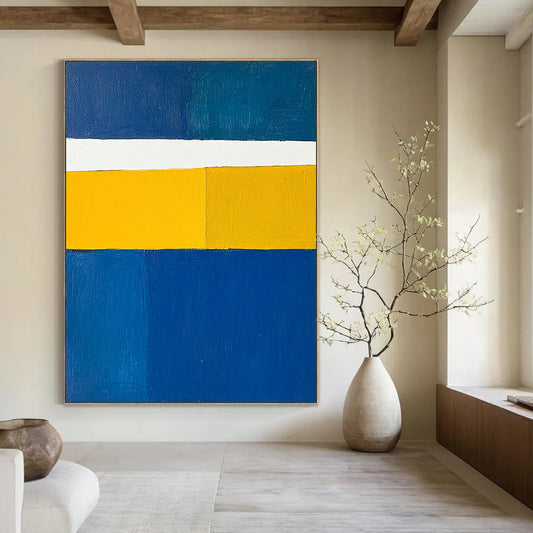 Contemporary hand-painted abstract artwork featuring a minimalist design in blue, white, and yellow inspired by flag colors. DLZ1313