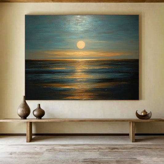 “Moonlit Ocean Calm” - Cool Blues, Silvery Whites, Warm Golds, Ocean at Night - Impasto Oil Painting HB1755
