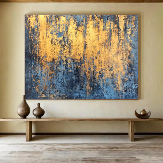 “Gold - Streaked Blue Texture” - Blue, Gold, Abstract Textured Painting On Canvas HB1000