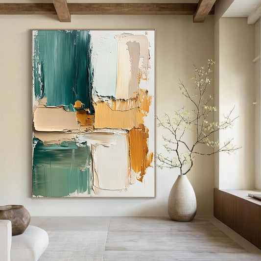 Contemporary abstract painting showcasing thick brush strokes in beige and teal with soft splashes and layers of cream green and yellow on textured canvas. DLZ1080
