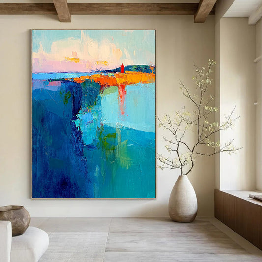 Contemporary abstract canvas showcases swirling teal and blue brushstrokes with a pastel sky and a striking red lighthouse embodying energy and tranquility. DLZ0363