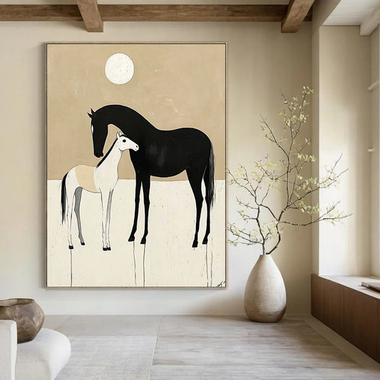 Contemporary abstract art featuring minimalist black and white horses in love against a beige background with a moon. Perfect for modern decor. DLZ1608