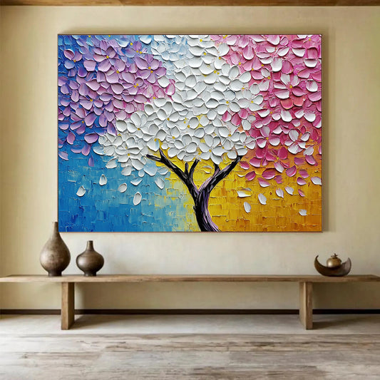 “Rainbow Blossom Tree” - Vivid blues, purples, whites, pinks, yellows; Textured flower tree; Impasto Landscape Painting On Canvas HB1161