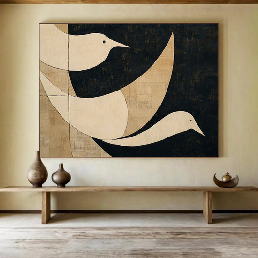 “Minimalist Birds” - White, black, beige, Minimalist Animal Painting HB0635