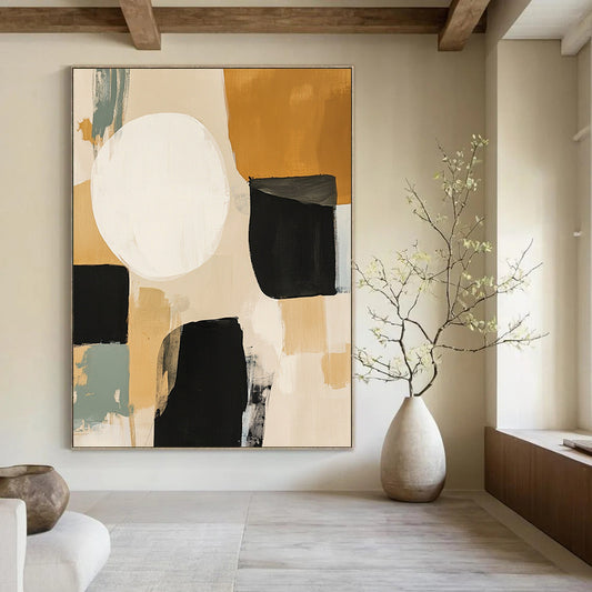 Contemporary hand-painted abstract art features beige black and sage green shapes with a large white circle and expressive brush strokes in mixed media. DLZ0794
