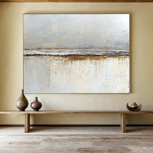 “Textured Gray and Brown Divide” - Gray, brown, white; Textured horizontal divide with drips; Oil Painting On Canvas HB1217