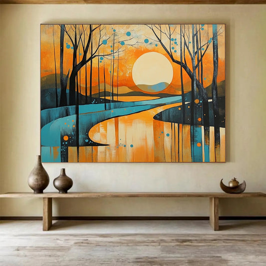 “Sunset Forest Landscape” - Orange, blue, yellow, Modern Landscape Painting HB0627