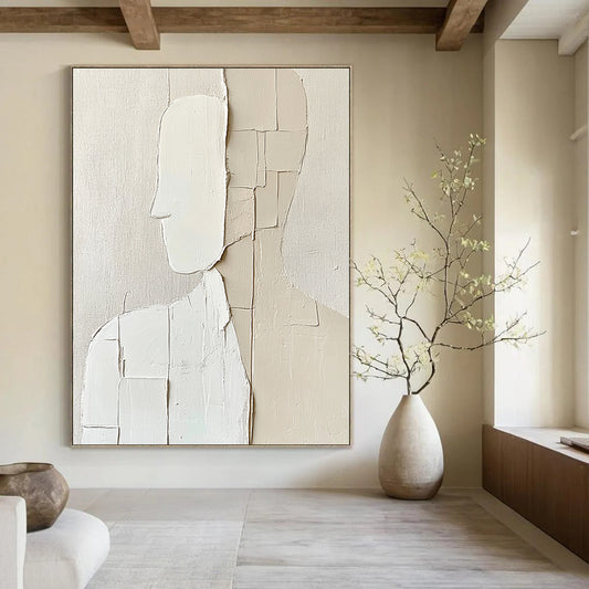 Contemporary abstract artwork features minimalism with deconstructed tailoring in simple shapes on a textured beige background creating a monochromatic aesthetic. DLZ1729