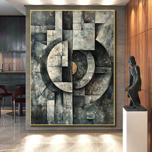 Gray, Black and Gold Geometric Composition "Industrial Harmony" Painting On Canvas HB345