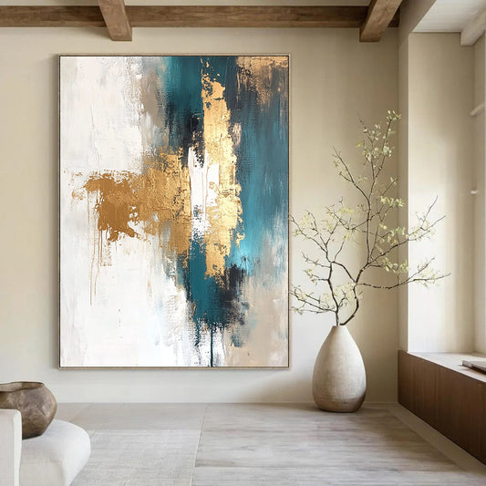 Contemporary hand-painted abstract artwork featuring gold leaf with white teal beige and brown tones and elegant gold foil accents. DLZ0743