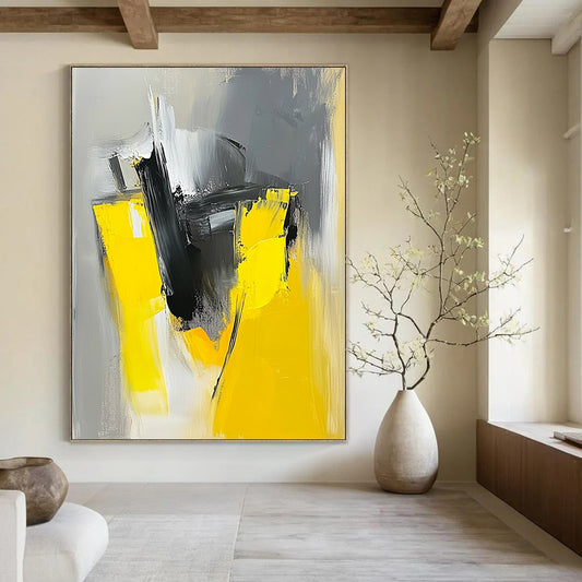 Large contemporary hand-painted abstract artwork featuring loose brush strokes in a striking gray and yellow color palette. DLZ0863