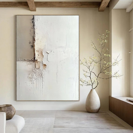 Contemporary abstract artwork features a minimalist white canvas with soft tones and a large contrasting rectangular color patch on the left. DLZ1755