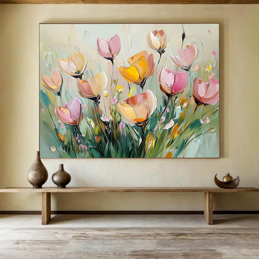 “Soft - Hued Floral Bunch” - Pale Pinks, Yellows, Greens, Gentle Flower Arrangement - Impasto Oil Painting HB1719