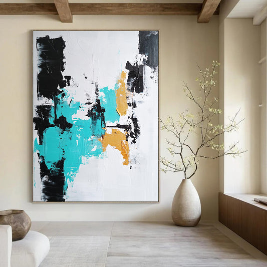Contemporary hand-painted abstract artwork featuring bold brushstrokes in black, white, and teal, perfect for modern decor. DLZ0819