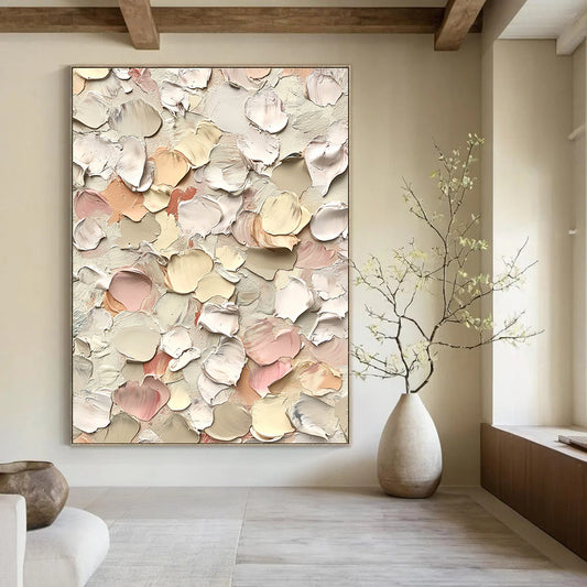 Large contemporary hand-painted abstract art featuring small flowers in cream and pink hues with thick impasto texture against a white background. DLZ0641