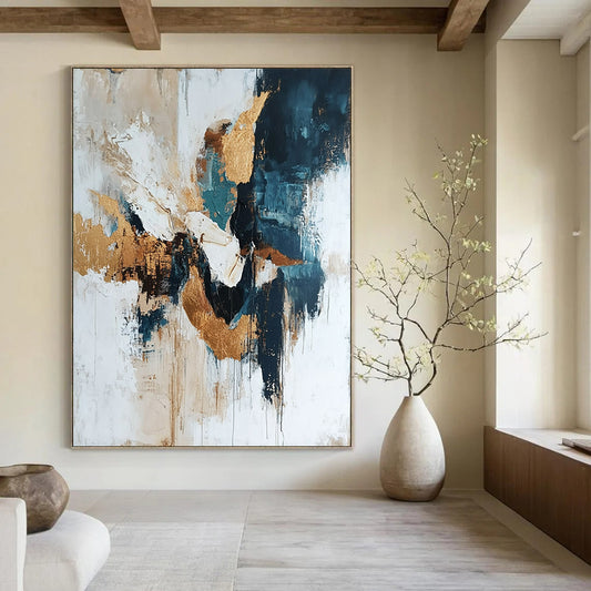 Contemporary abstract artwork featuring gold leafing and glitter on a white background with organic shapes and diverse tones of blue and gray. DLZ0543