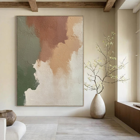 Contemporary abstract artwork featuring an irregular blend of beige, brown, and green on an off-white wall, perfect for modern decor. DLZ1197