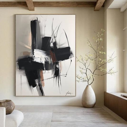 Large contemporary hand-painted abstract artwork featuring dark gray and light bronze shapes with soft edges and subtle textures in neutral tones. DLZ0314