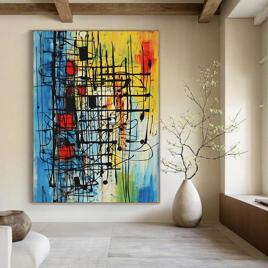Contemporary abstract painting with vibrant colors and intricate patterns evokes movement and energy through bold lines and geometric shapes. DLZ1028