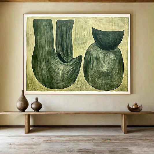 “Green Shapes on Beige” - Greens, Beiges, Abstract Organic Shapes - Acrylic Painting HB1762