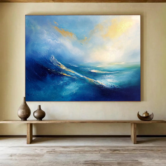 “Blue - Gold Abstract Ocean Waves” - Blue, Gold, White, Ocean Waves Painting On Canvas HB0845