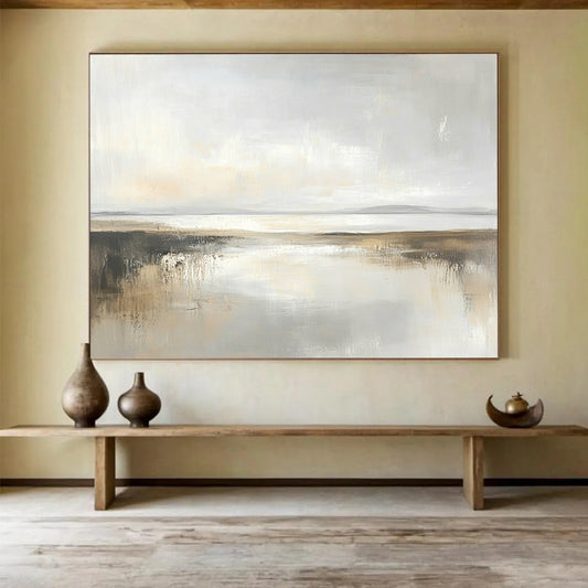 “Soft Gray Coastal Reflection” - Gray, Beige, Subtle Reflections, Minimalist Landscape Painting On Canvas HB0904