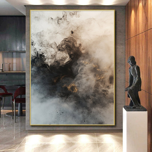 Black, Gray, White, Gold, Smoke - like Swirls "Mystic Mist" Abstract Ink - Inspired Painting On Canvas HB042
