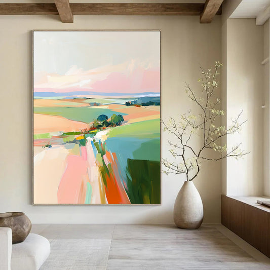 Contemporary hand-painted abstract art featuring soft pink skies and vibrant green and blue fields inspired by Robert H and Fairfield Porter. DLZ0408