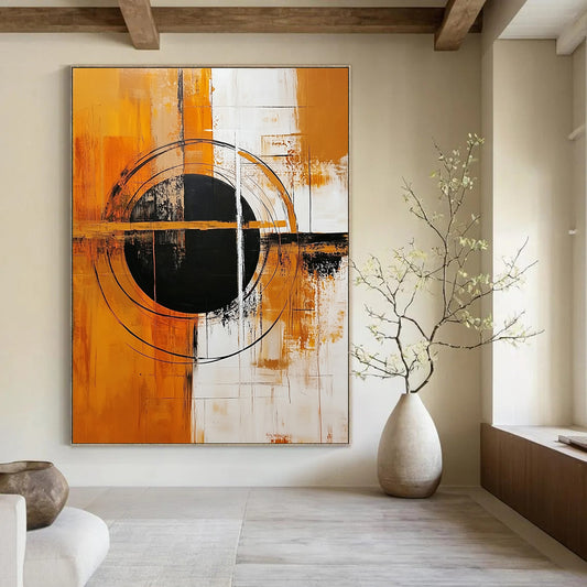 Large contemporary hand-painted abstract artwork featuring a central black circle on an orange and white background with geometric shapes and bold colors. DLZ0505