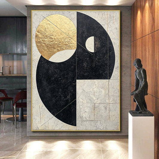 Black, White, Gray, Gold, Overlapping Circles "Gilded Orb Harmony" Abstract Modernist Painting On Canvas HB123