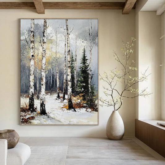 Contemporary abstract artwork featuring a birch forest in winter with textured brush strokes and a muted color palette of gray, white, and yellow. DLZ1673