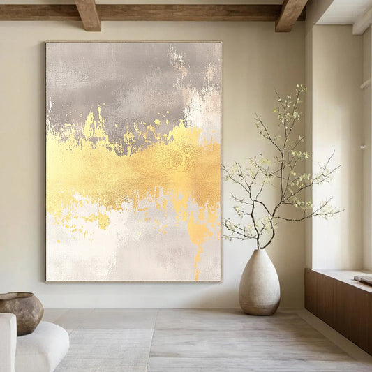 Ethereal contemporary abstract artwork features a soft gray background with yellow accents and gold foil, perfect for a dreamy wedding card backdrop. DLZ1471