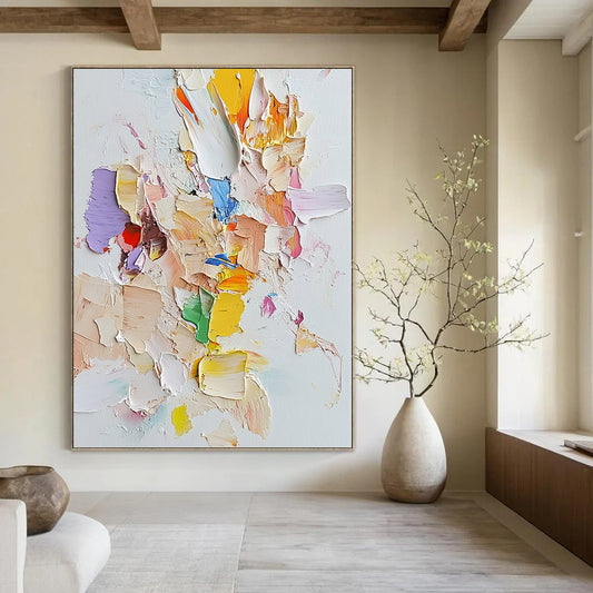 Contemporary abstract art featuring light pastels on white canvas with palette knife technique and assembled cut-out pieces for a unique textured effect. DLZ0882