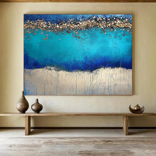 “Blue and Gold Sparkle” - Rich Blues, Shimmering Golds, Textured Abstract Layers - Mixed - Media Painting HB1753