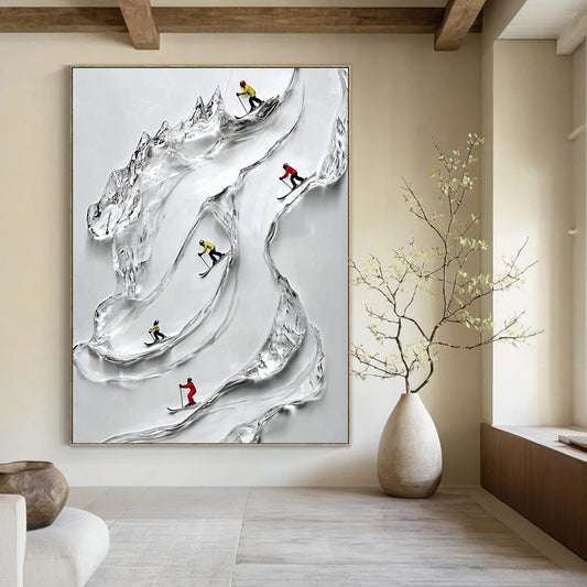 Contemporary abstract artwork featuring five glass ski slope plates with intricate carvings of skiers and snowboarders creating a dynamic visual experience. DLZ1510