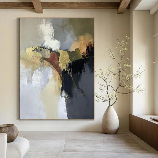 Contemporary hand-painted abstract artwork featuring aerial landscapes in neutral tones with gold and brown accents creating a dreamy atmospheric effect. DLZ0449