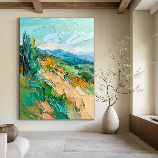 Contemporary abstract oil painting featuring impasto textures and vibrant sea green and blue hues of mountains, hills, and trees. DLZ1566