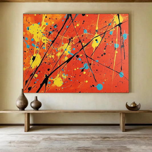 “More Colorful Splatter On Orange” - Orange, Yellow, Blue, Black, Abstract Expressionist Painting On Canvas HB0684