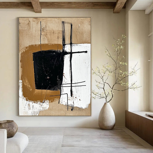Contemporary abstract painting featuring a brown shape with black lines on beige, enhanced by brown and white geometric forms for a minimalistic touch. DLZ1160