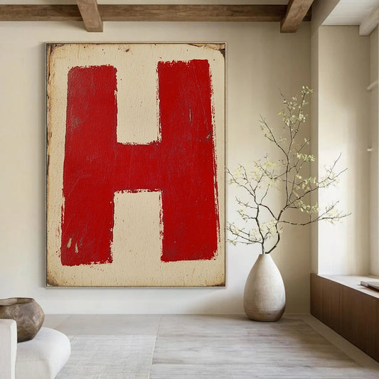 Contemporary abstract artwork featuring a minimalist red and white logo with an H on vintage paper, inspired by Peter Coude's flat design style. DLZ1446