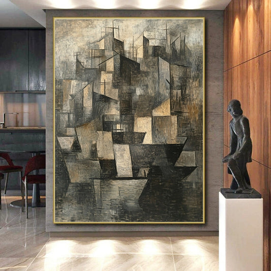 Gray, Brown and Black Cubist Cityscape "Urban Fragmentation" Painting On Canvas HB371