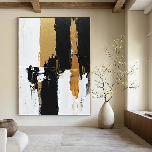Contemporary hand-painted abstract artwork features bold brush strokes and rich textures in black, white, and gold tones on canvas. DLZ0495