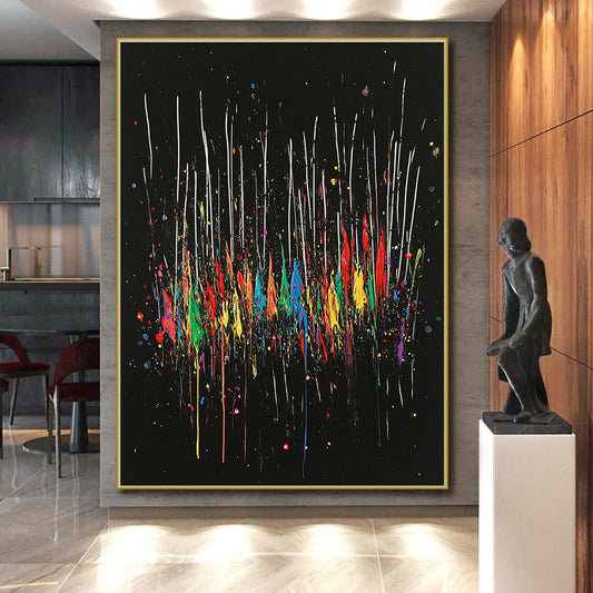 Black, Colorful Drips, White Streaks "Rainbow Cascade" Abstract Painting On Canvas HB024