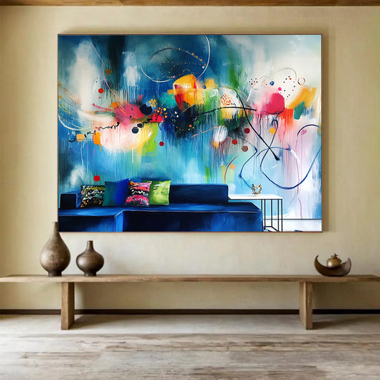 “Vibrant Abstract Wall Mural - Inspired Living Room Art” - Blue, Colorful, Abstract Large - scale Painting On Canvas HB1091